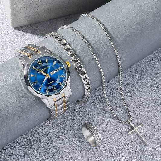 Men's Stainless Steel Quartz Watch Bracelet Necklace Ring Set
