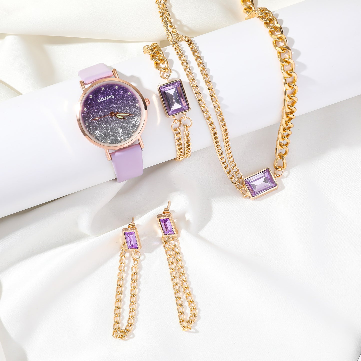 Ladies’ Stylish Purple Leather Gradient Quartz Watch & Matching Accessories Set