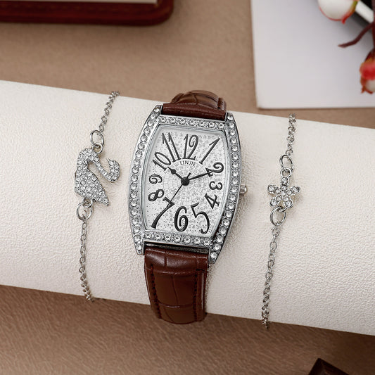 Women’s 3PCS Vintage Barrel Watch Set – Leather Strap Watch with Crystal Rhinestone Bracelets