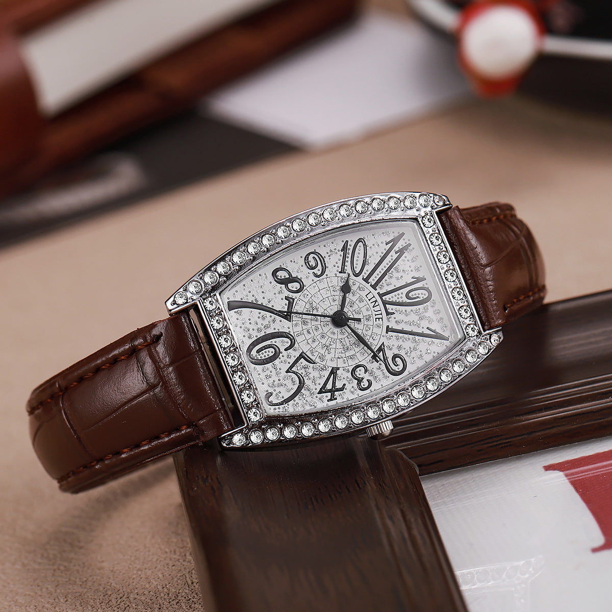 Women’s 3PCS Vintage Barrel Watch Set – Leather Strap Watch with Crystal Rhinestone Bracelets