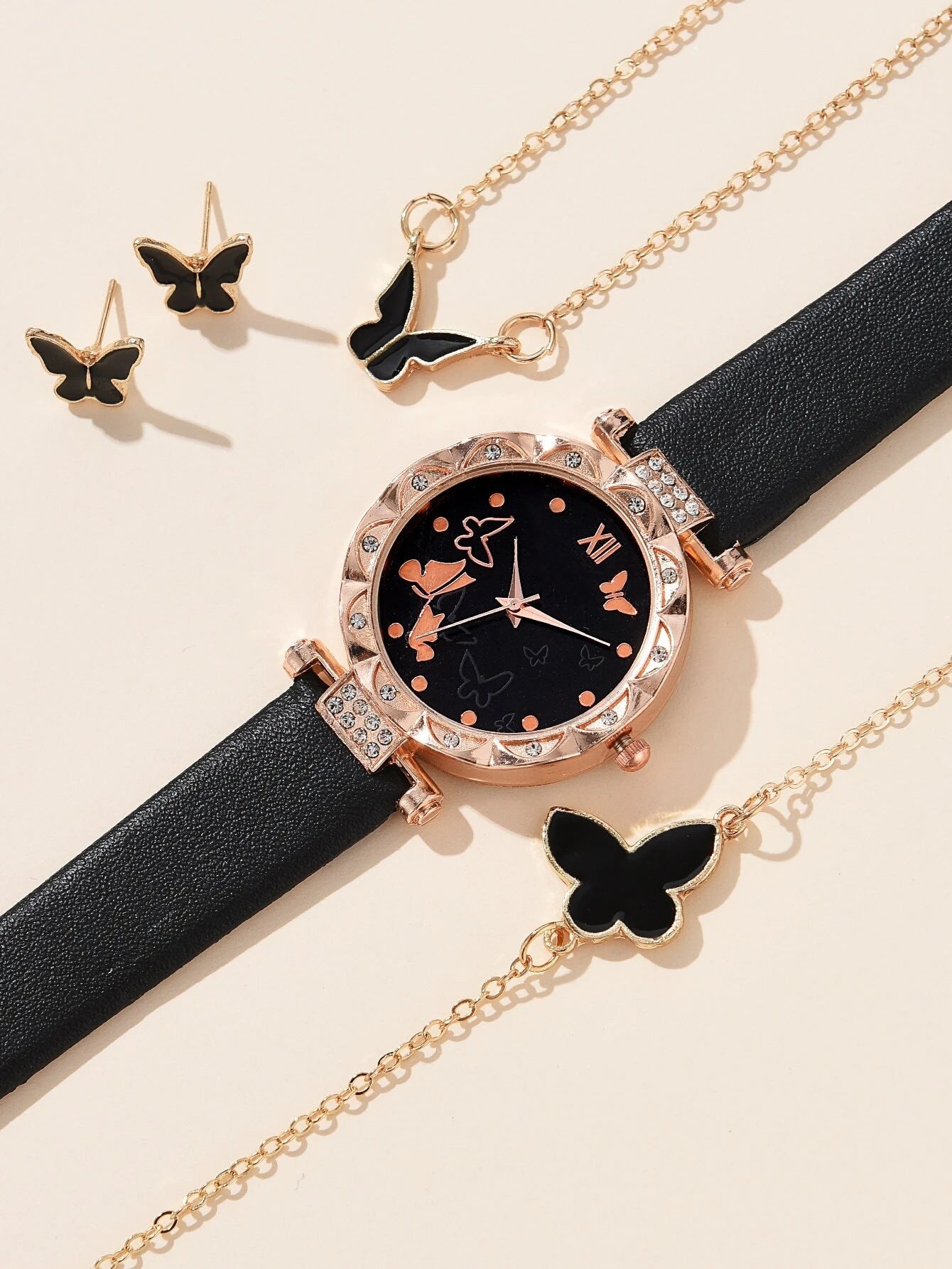 Chic Butterfly Ladies Leather Watch Set – Stylish Accessory Set