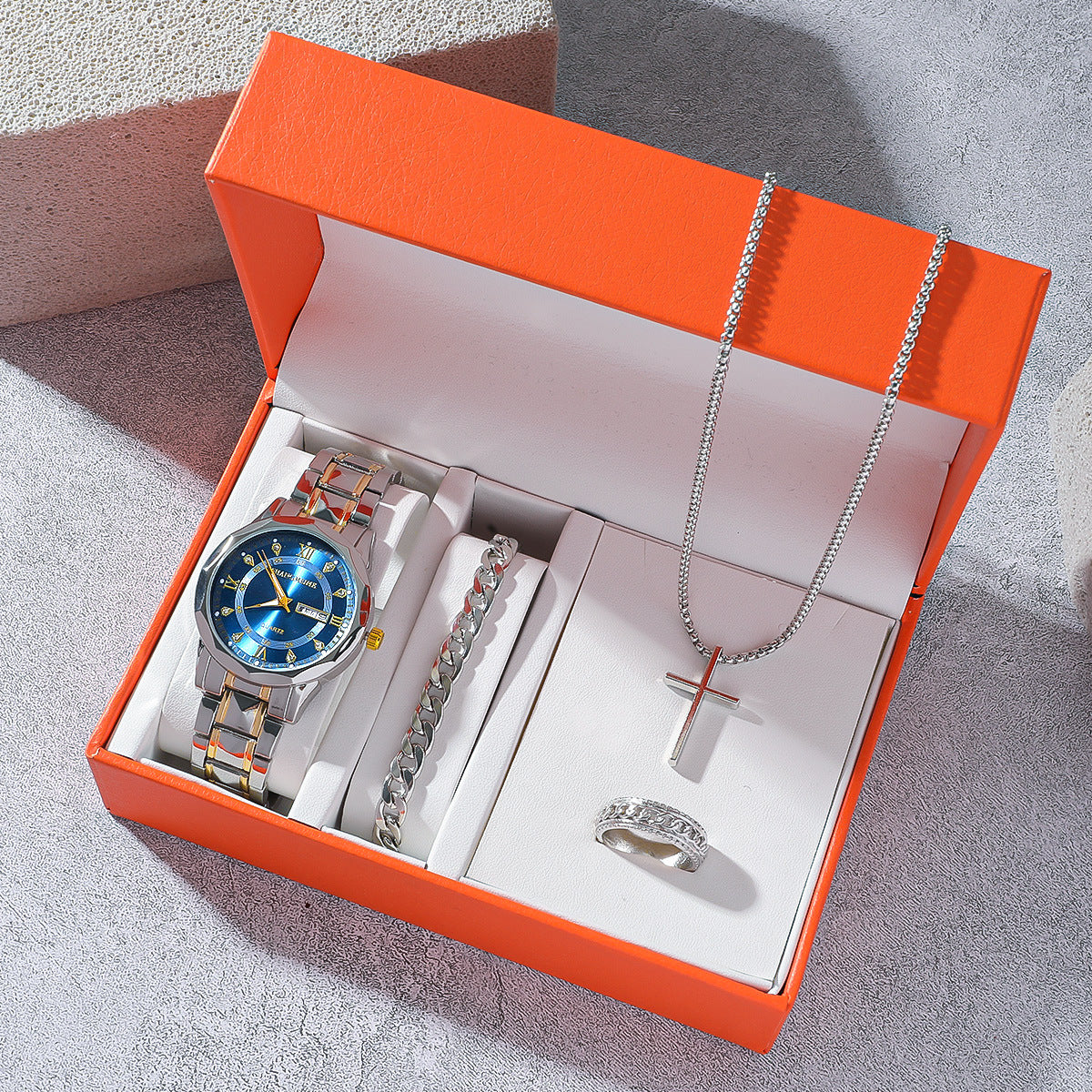 Men's Stainless Steel Quartz Watch Bracelet Necklace Ring Set