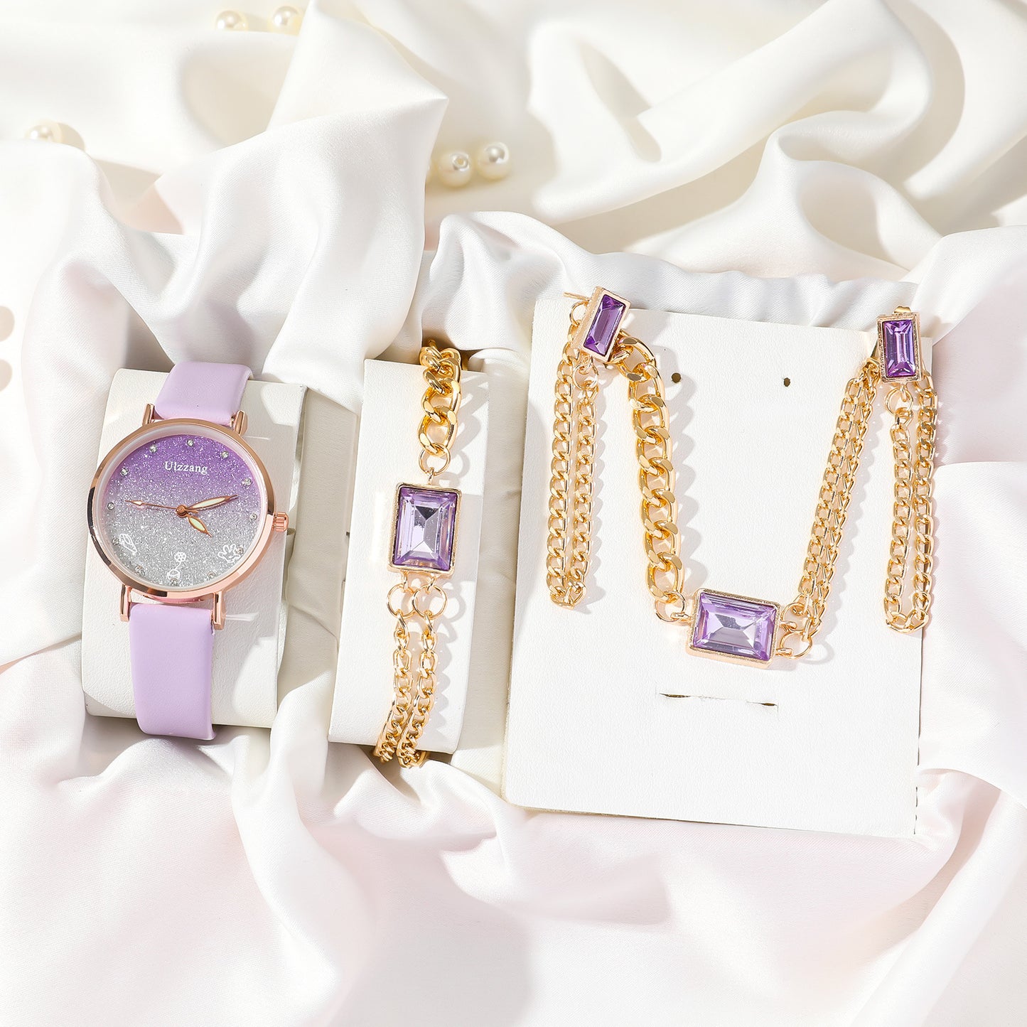 Ladies’ Stylish Purple Leather Gradient Quartz Watch & Matching Accessories Set