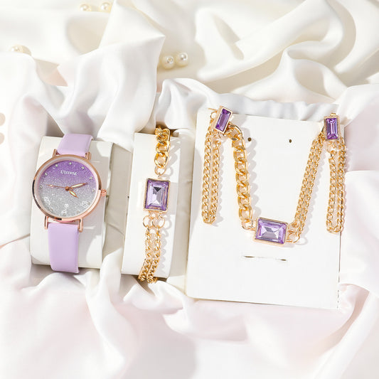 Ladies’ Stylish Purple Leather Gradient Quartz Watch & Matching Accessories Set