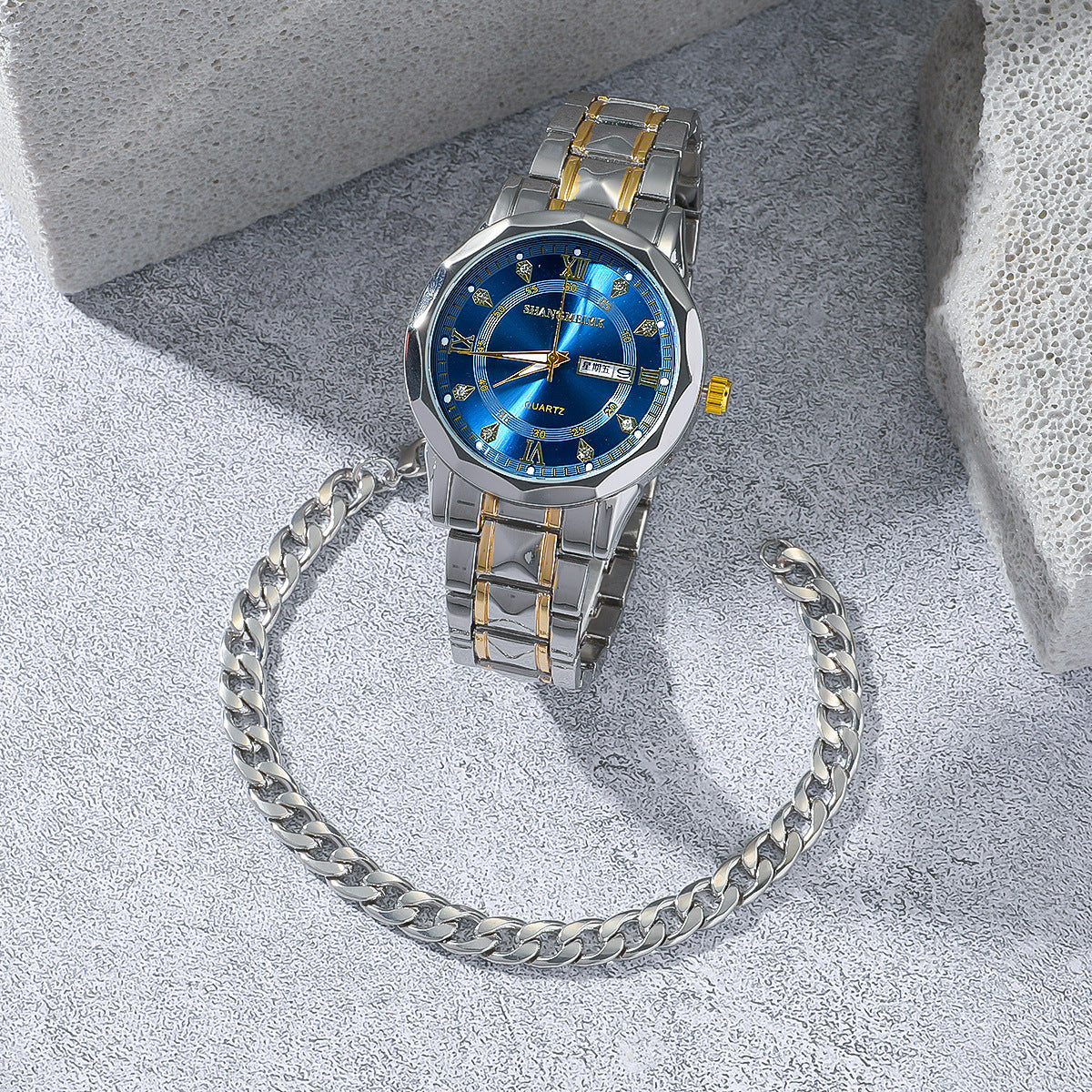 Men's Stainless Steel Quartz Watch Bracelet Necklace Ring Set