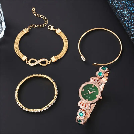 Diamond Steel Watch + Heart Bracelet Gift Set