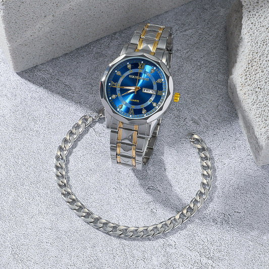 Men's Stainless Steel Quartz Watch Bracelet Necklace Ring Set