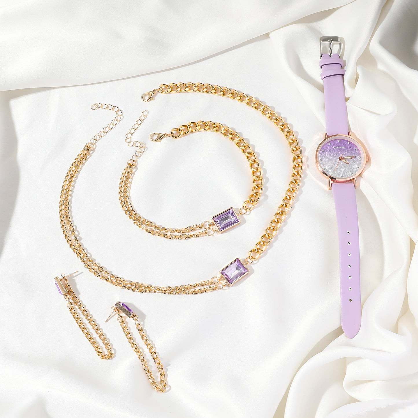Ladies’ Stylish Purple Leather Gradient Quartz Watch & Matching Accessories Set