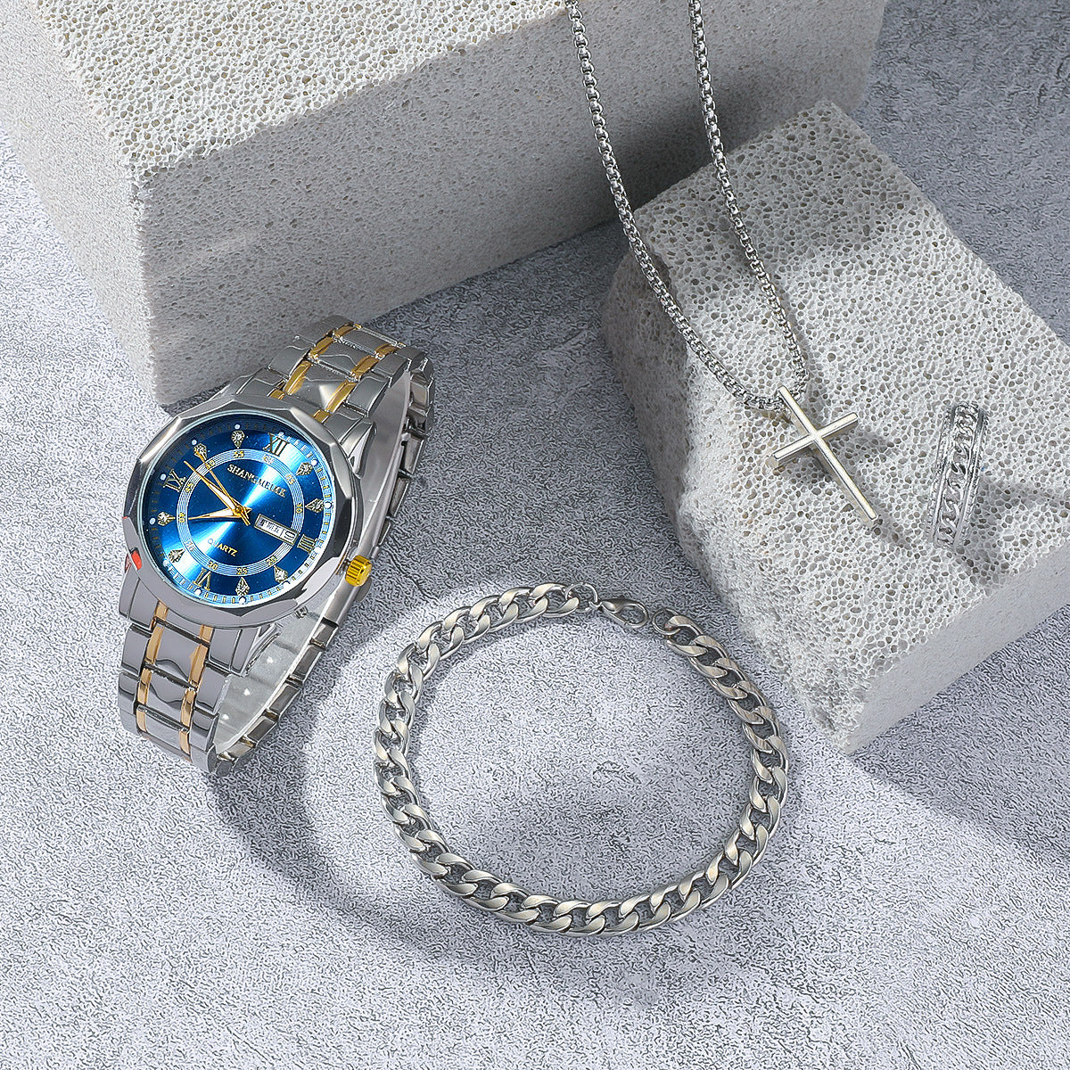 Men's Stainless Steel Quartz Watch Bracelet Necklace Ring Set