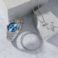 Men's Stainless Steel Quartz Watch Bracelet Necklace Ring Set