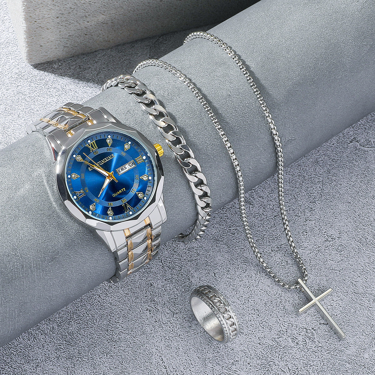 Men's Stainless Steel Quartz Watch Bracelet Necklace Ring Set