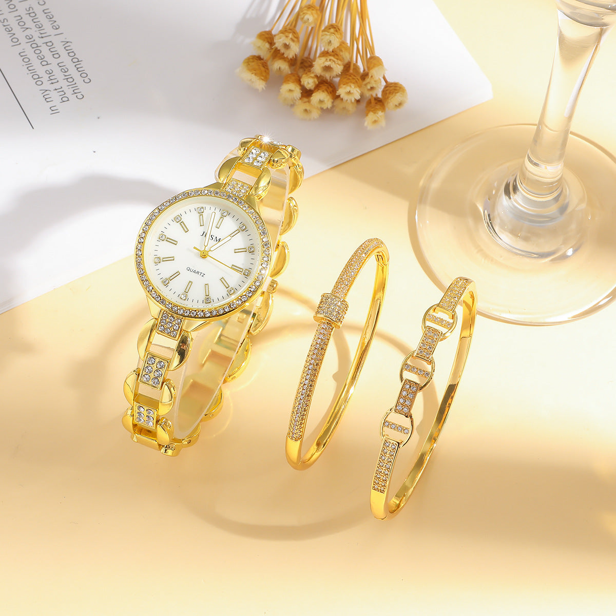 Ladies’ Fashion Round Diamond Quartz Watch & Bracelet Set