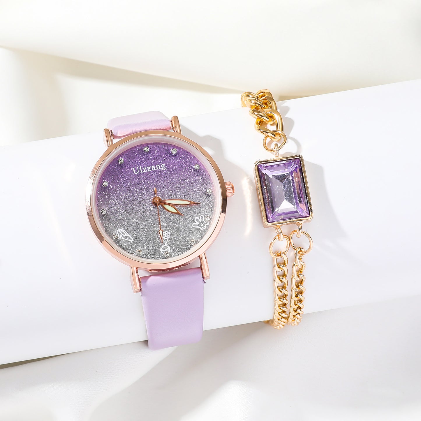 Ladies’ Stylish Purple Leather Gradient Quartz Watch & Matching Accessories Set