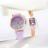 Ladies’ Stylish Purple Leather Gradient Quartz Watch & Matching Accessories Set