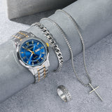 Men's Stainless Steel Quartz Watch Bracelet Necklace Ring Set