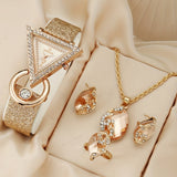 Women’s Stylish Watch Set – Triangular Diamond Quartz with Matte Strap