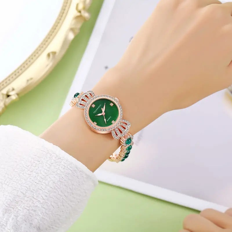 Diamond Steel Watch + Heart Bracelet Gift Set