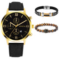 Men’s 3PCS Watch & Bracelet Set – Leather Watch with Steel Bangle & Beaded Bracelet