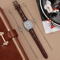 Women’s 3PCS Vintage Barrel Watch Set – Leather Strap Watch with Crystal Rhinestone Bracelets