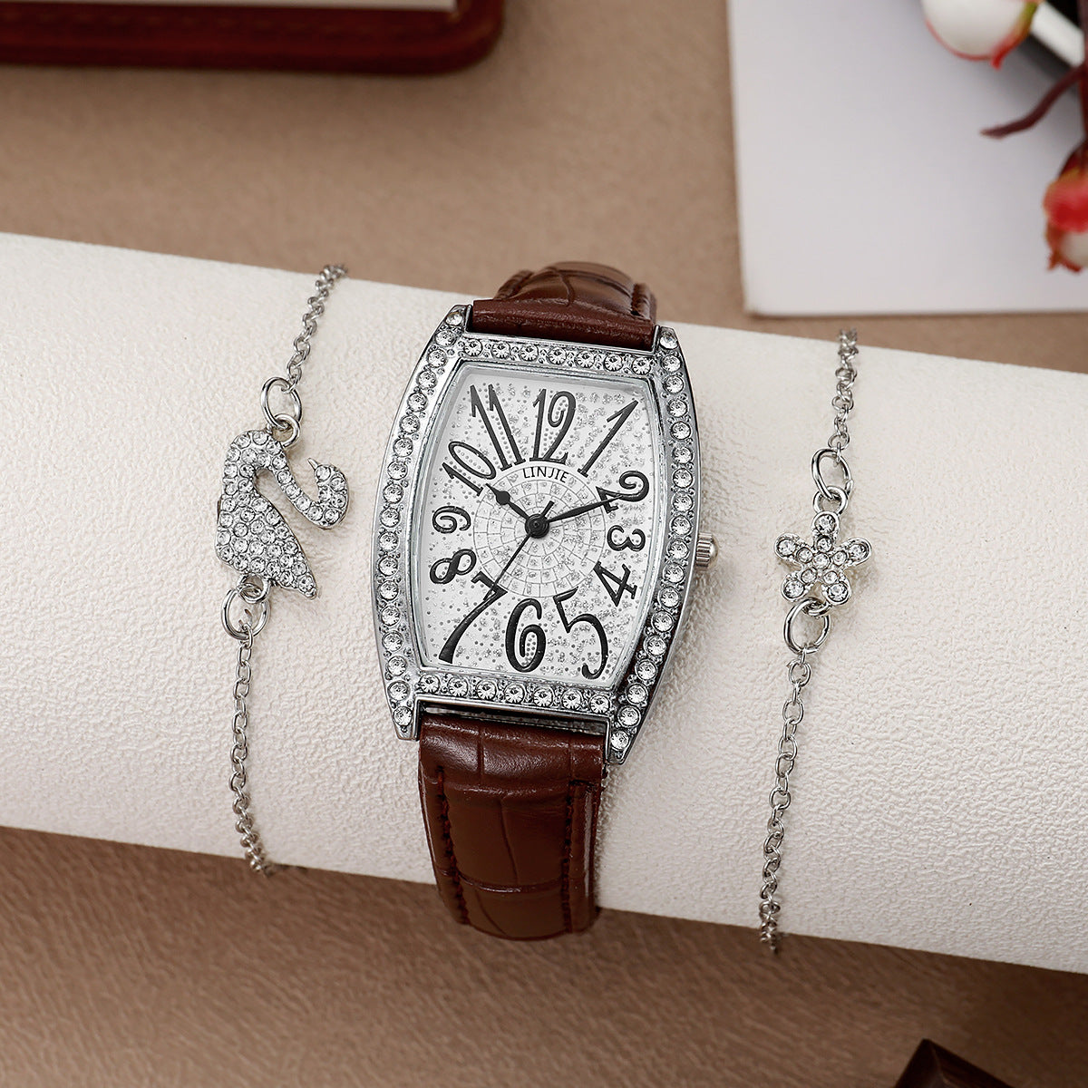 Women’s 3PCS Vintage Barrel Watch Set – Leather Strap Watch with Crystal Rhinestone Bracelets