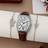 Women’s 3PCS Vintage Barrel Watch Set – Leather Strap Watch with Crystal Rhinestone Bracelets