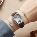 Women’s 3PCS Vintage Barrel Watch Set – Leather Strap Watch with Crystal Rhinestone Bracelets