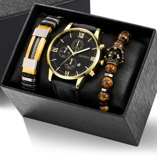 Men’s 3PCS Watch & Bracelet Set – Leather Watch with Steel Bangle & Beaded Bracelet