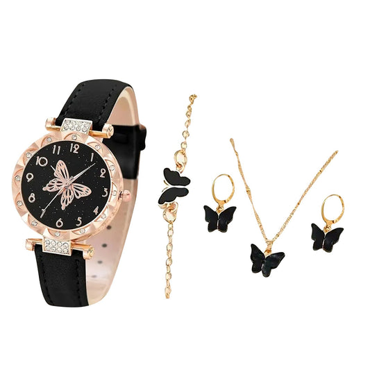 Chic Butterfly Ladies Leather Watch Set – Stylish Accessory Set
