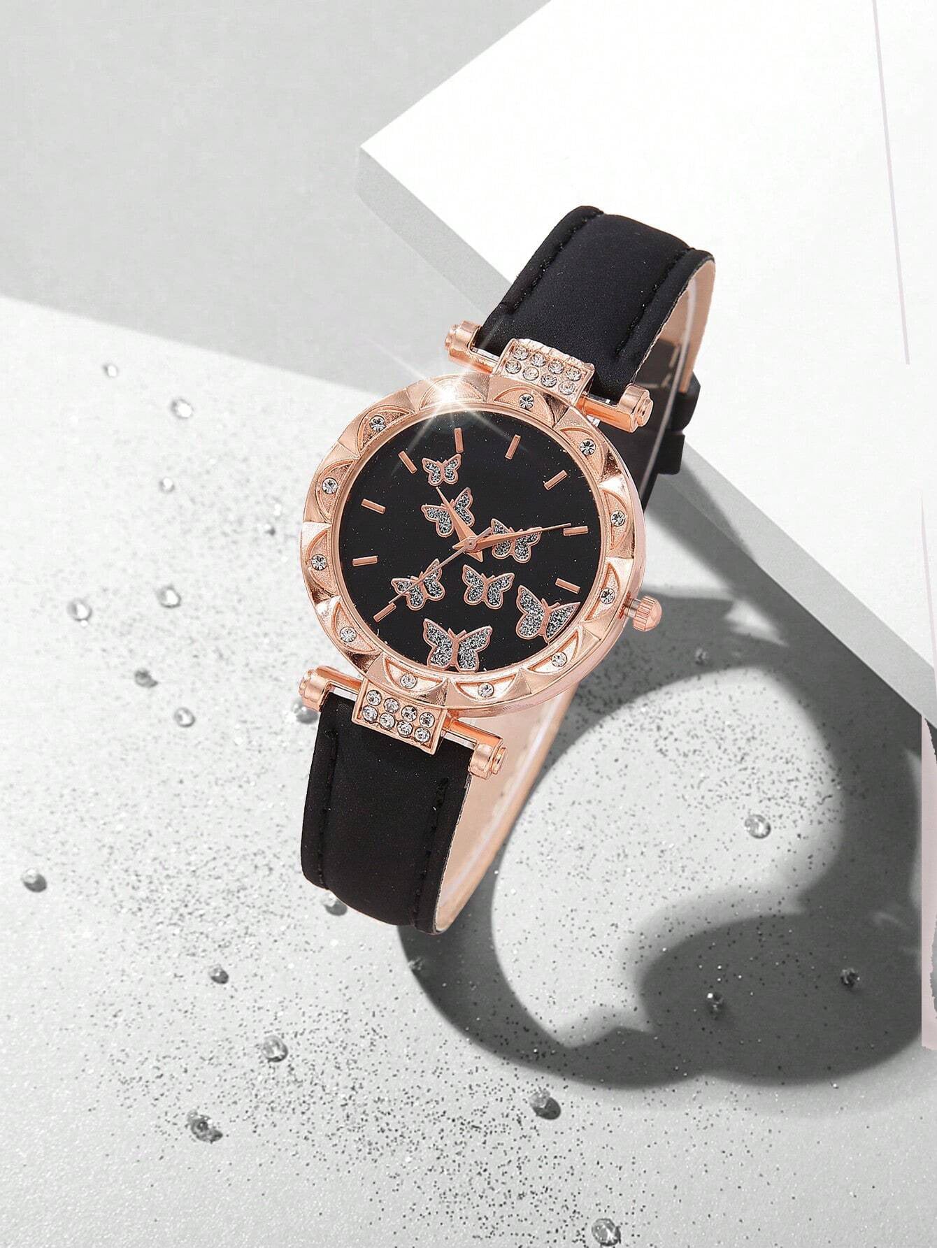 Chic Butterfly Ladies Leather Watch Set – Stylish Accessory Set