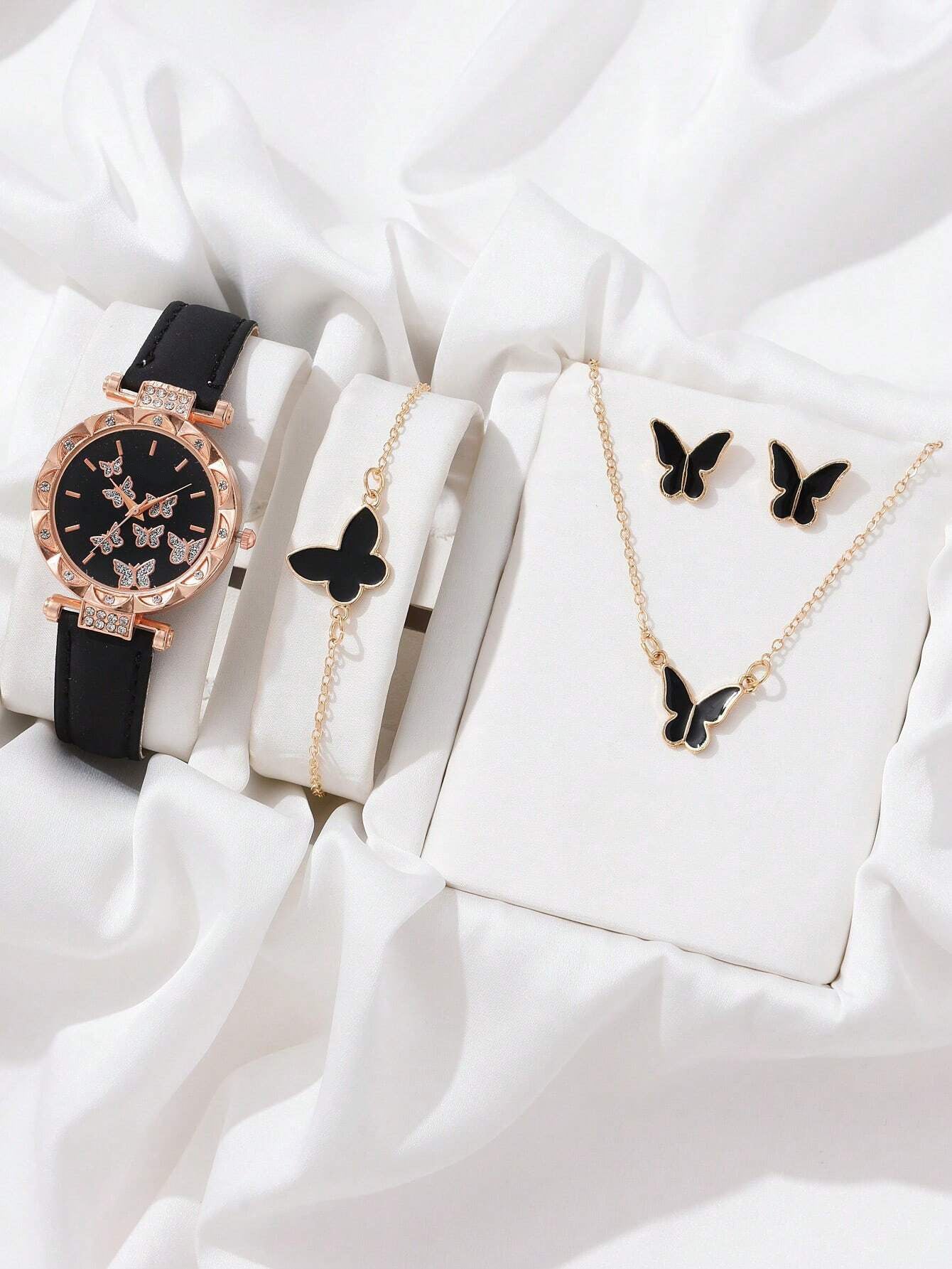 Chic Butterfly Ladies Leather Watch Set – Stylish Accessory Set