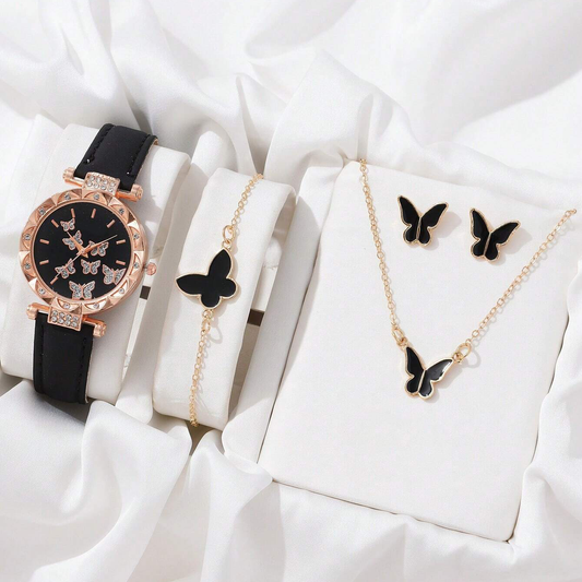 Chic Butterfly Ladies Leather Watch Set – Stylish Accessory Set