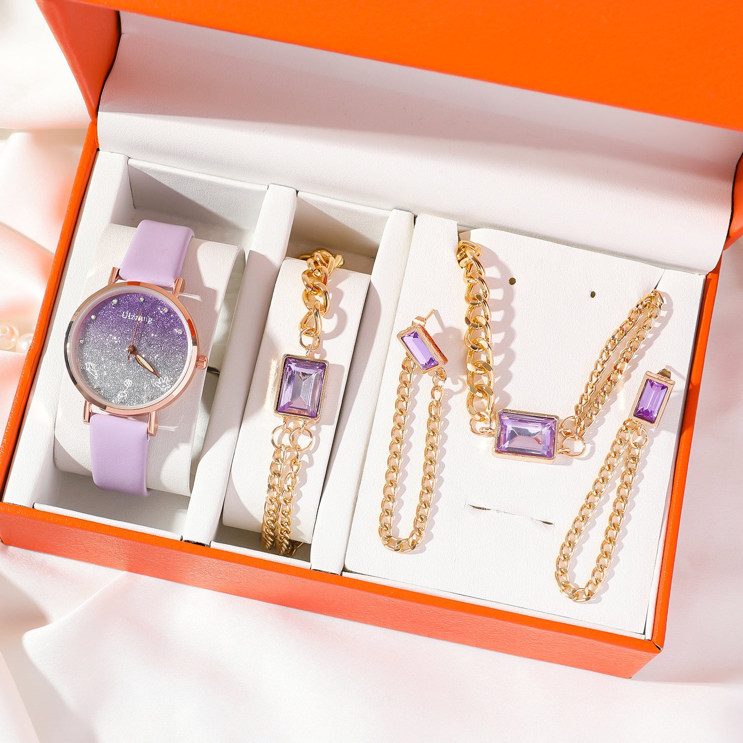 Ladies’ Stylish Purple Leather Gradient Quartz Watch & Matching Accessories Set